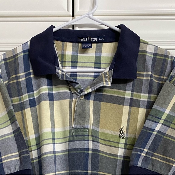 Nautica Men’s Size Large Short Sleeve Polo Shirt Blue, Yellow, Tan, Green Check - Picture 3 of 10